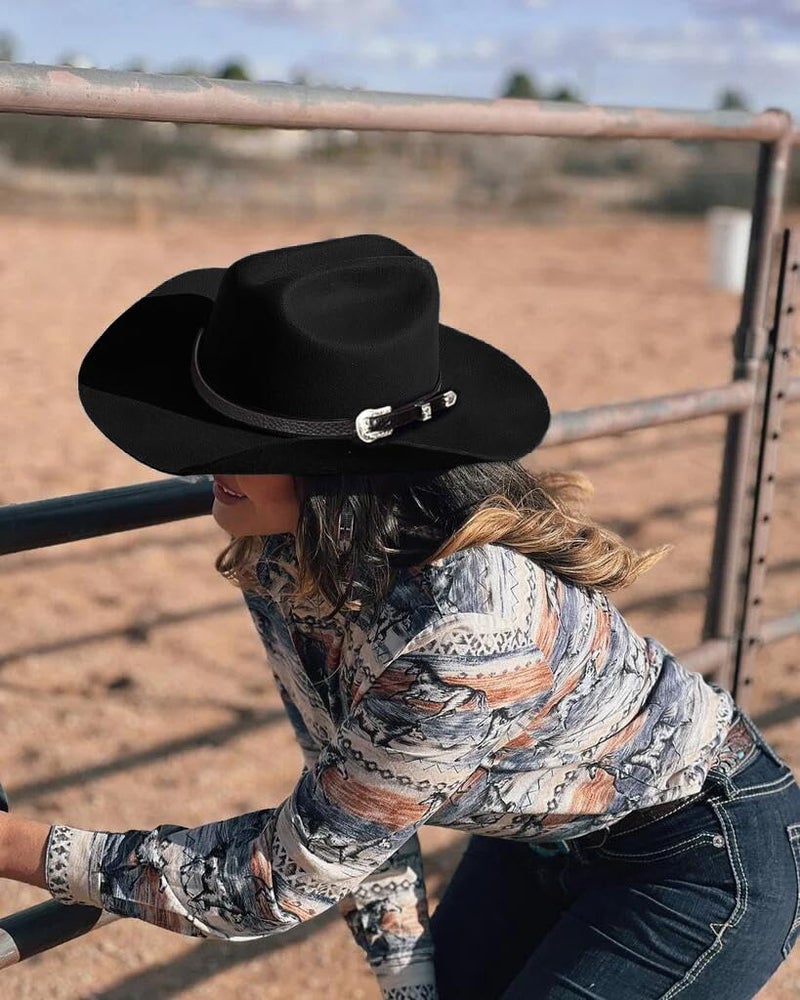 Eohak Womens Western Cowboy Hats Studded Pinched Western Cowgirl Hats Wide Brim Fedoras Hat with Belt Buckle (Size:Medium) - Image 4